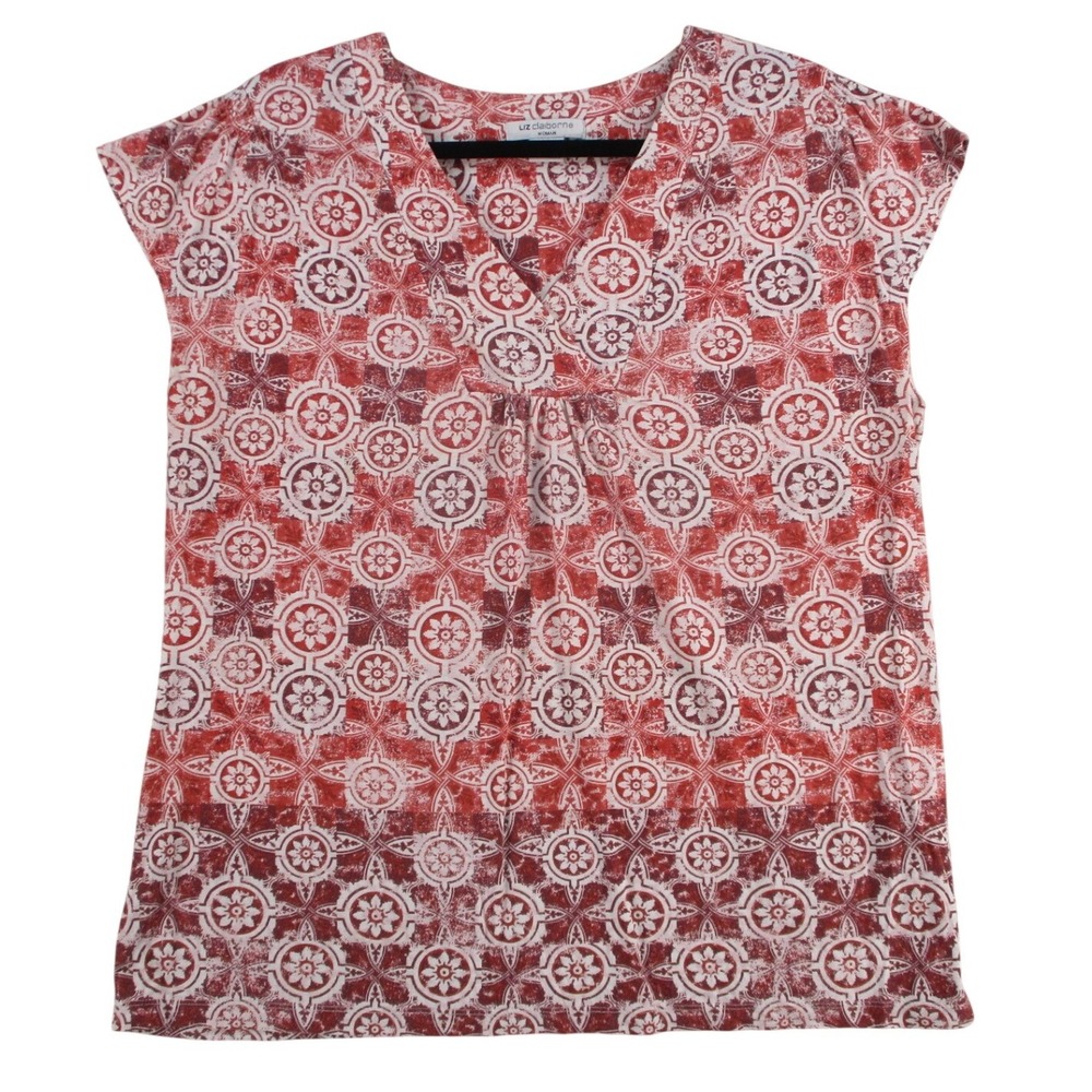 Liz Claiborne Woman Red White Medallion Print V-Neck Short Sleeve Top 1X